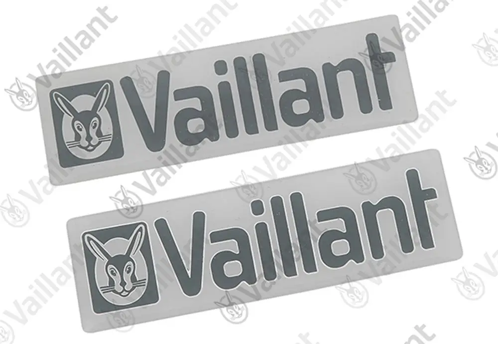 Vaillant Firmenschild mit Logo und Schriftzug, designet für die Identifikation des Unternehmens, in grau auf transparentem Hintergrund.
